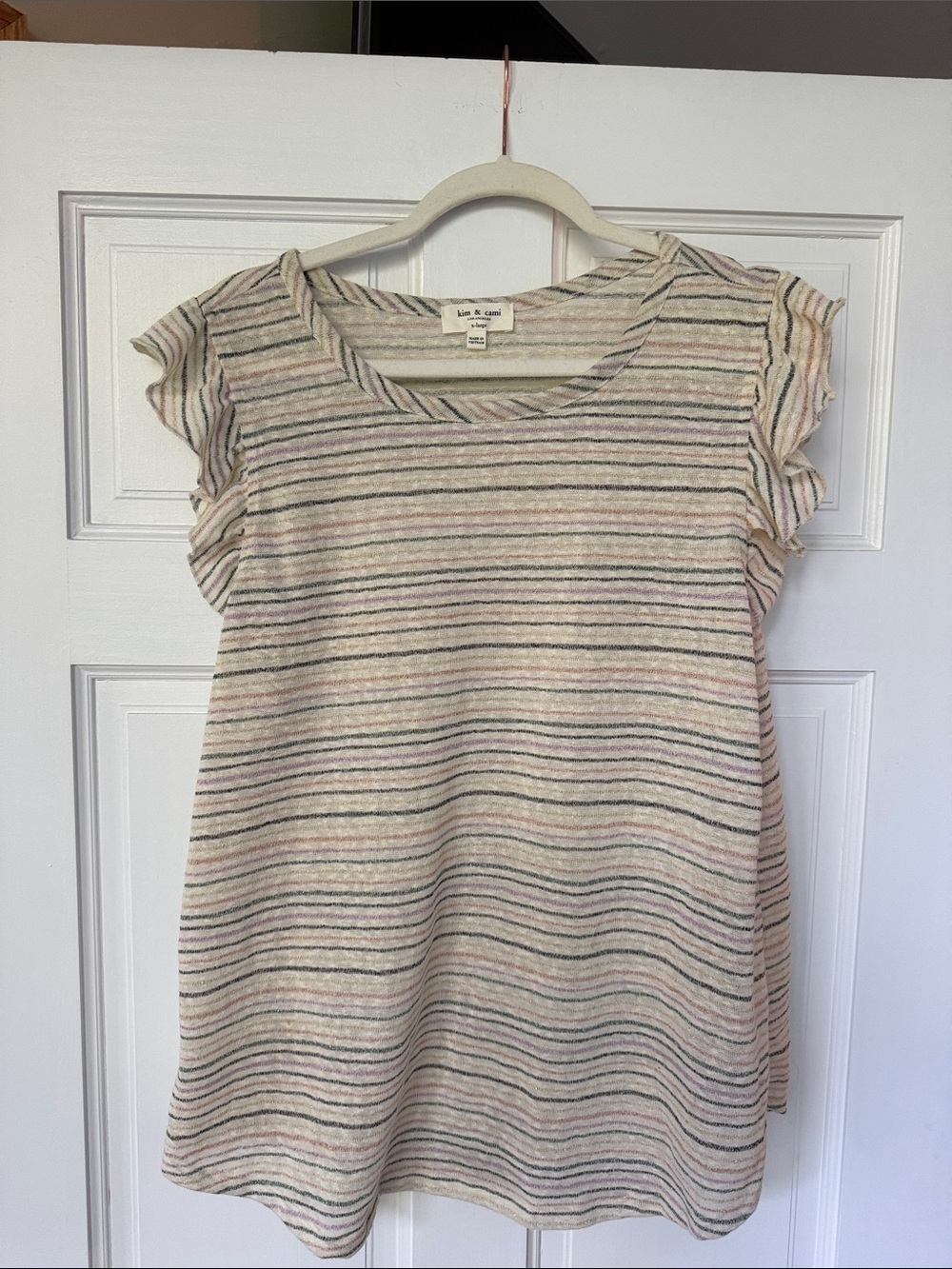 Kim & Cami Cream Multicolor Striped Flutter Sleeve Tunic